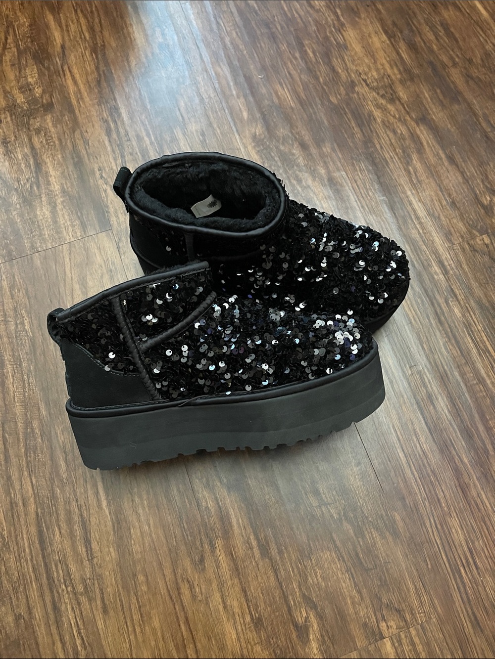 UGG Ultra Mini Chunky Sequin sparkle black Boots Women size 9 - Picture 8 of 16